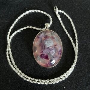 Sterling silver multicolor fluorite gemstone resin oval pendant necklace 20" new